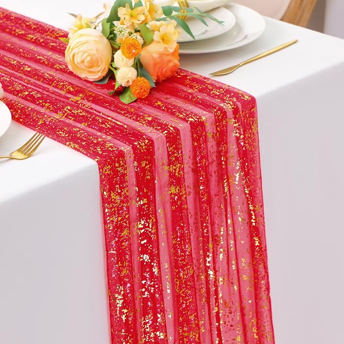 Snowkingdom Red Gold Table Runner Gauze 10FT Sparkly Sequin Glitter Sheer by Snowkingdom