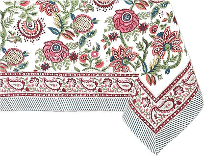 ATOSII Ruby 100% Cotton Square Summer Tablecloth, Block Print Floral Table Cloth for Dining Table, Parties, Weddings, Outdoors Grand Millenial Decor I 60 X 60 Inches I 4 Seater I