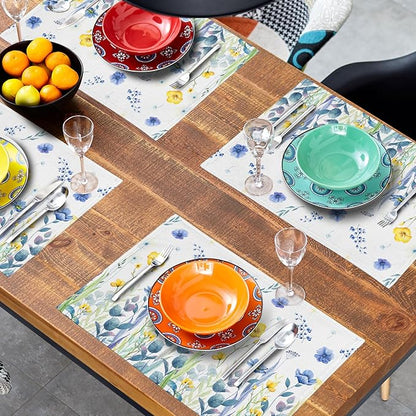 Watercolor Floral Placemats Set of 4 Blue Yellow Poppy Flowers Washable Non-Slip Heat Resistant 12×18 Inch Spring Summer Seasonal Linen Fabric Table Mats for Kitchen Dining Table