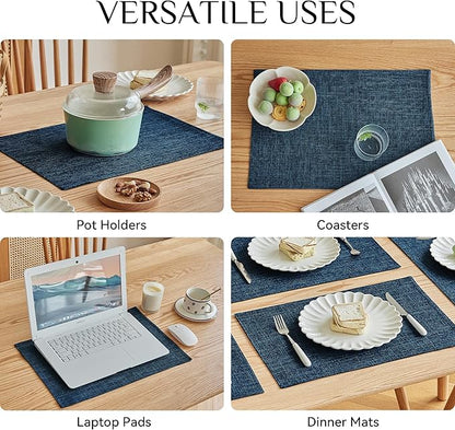 Softalker Faux Linen Placemats Set of 6-12 x 18 Inch, Heat Resistant Double Layered Durable Burlap Farmhouse Place Mats, Non-Slip Washable Rustic Table Mats for Dining, Kitchen, Party（Navy Blue