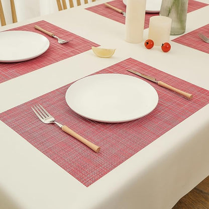 Leetaltree Red Placemats Set of 8 - Heat Resistant Non-Slip Place mats for Dining Table, Washable Durable PVC Vinyl Woven Table Mats（Red, 8）