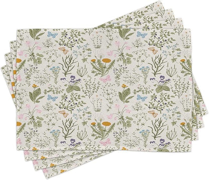 Ambesonne Floral Place Mats Set of 8, Vintage Garden Plants Herbs Flowers Botanical Classic Design Art, Washable Fabric Placemats for Dining Table, Placemat 8 pcs, Reseda Green Beige