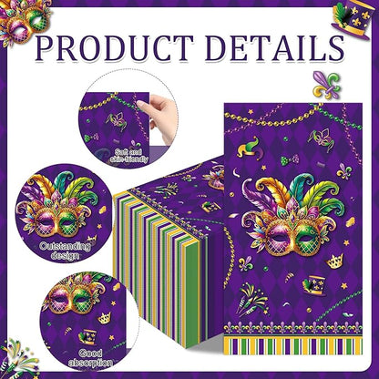 Mardi Party Gras Decorations - 100 Pcs Masquerade Paper Decorative Napkins Set Disposable Purple Crown Mask Dinner Cocktail Bulk Table Gifts Supplies Decor for Decoupage Carnival 7.9 x 4.3 In