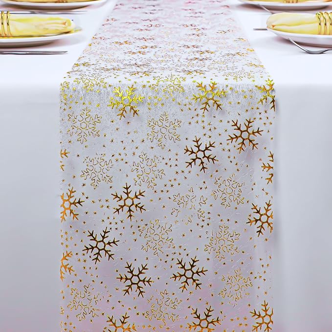 Snowkingdom 2 Pcs Christmas Snowflake Gold Table Runner Sparkly Golden Metallic - Image 3