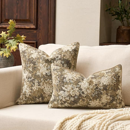 Yangest Neutral Floral Pillow Cover 18 x18 Inches, Vintage Chenille Square Throw Pillow Cover Soft Decorative Farmhouse Accent Couch Pillow Cover for Living Room Bedroom, Beige