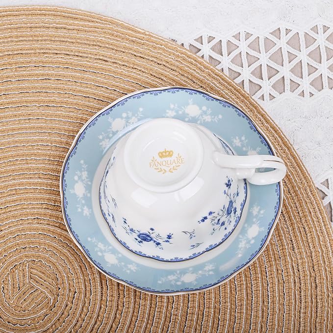 fanquare Blue Rose Porcelain Tea Cup and Saucer Set - Image 3