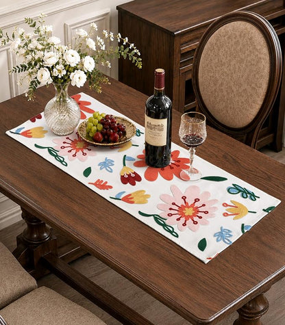 Canvas Embroidered Narrow 13"x 48" Table Runner, Colorful Flower | Exquisite by Kokaaee