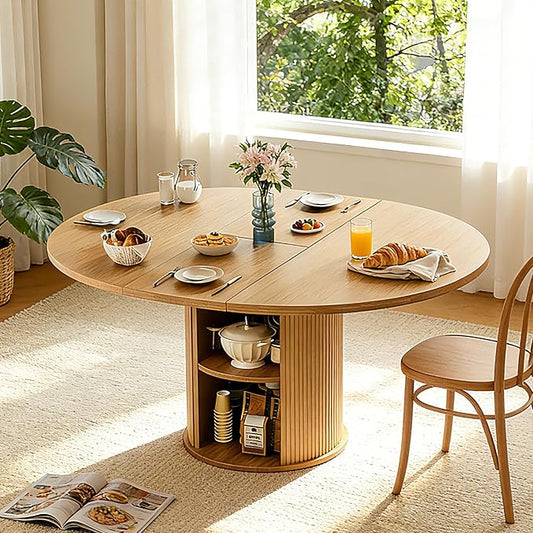 Extendable Round/Oval Dining Table Seats 2-4-6, 59" Modern Farmhouse Design with 2-Tier Storage & Fluted Slide Door, Dining Room Kitchen Furniture (Oak, 59 inches)