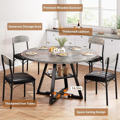 Round Dining Table Set for 4, Kitchen Table and Chairs for 4, Circle Table Round Pedestal Dining Room Dinner Dinette Table Set,5 Piece Space Saving Wood Kitchen & Dining Room Tables (Grey, 42In)