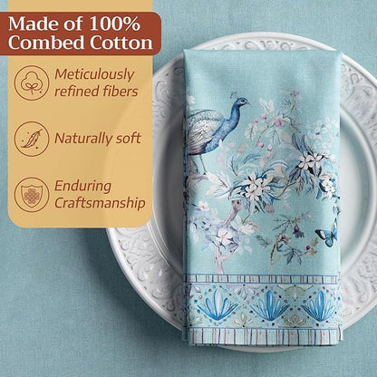 Maison d' Hermine Napkin 100% Combed Cotton Premium Set of 4 Decorative Washable Table Cloth Napkins for Dining, Home, Wedding, Banquet, Peacock Utopia - Pastel Turquoise (20”x20”)