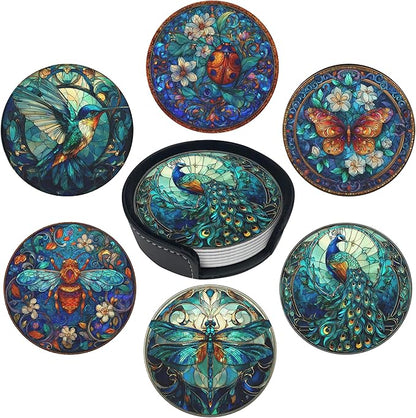 Insect Coasters Leather Round Drink Coasters 6 Pcs Set with Holderor for Cup Drink Coffee Table Bar Home Decor