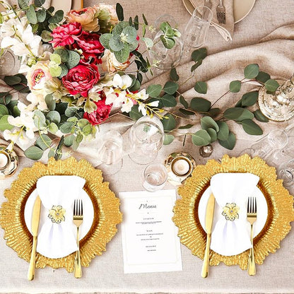 Dandat 24 Pcs Charger Plate Bulk 13'' Floral Reef Plates with Napkin Ring Plastic Dinner Charger Hollow Out Flower Napkin Holder Plastic Plate for Table Setting Wedding Party (Gold)