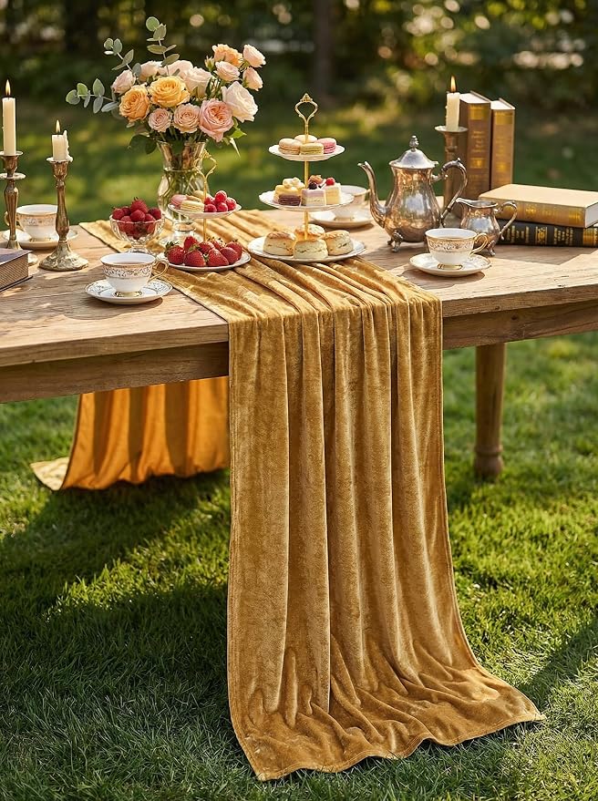 Gold Velvet Table Runner 10ft Extra Long Luxury Fall Thanksgiving Runners | 5 - Image 3