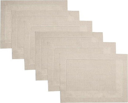 D'Moksha Homes Linen Placemats Set of 6 - Classic Hemstitch Natural Placemats 14 x 19 Inch - 100% Pure Linen Table Mats for Valentines, Spring, Easter - Handcrafted and Machine Washable