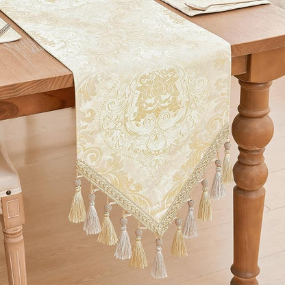 Loom and Mill Elegant Damask Table Runner 13x108 inch, Champagne Gold | Double - Image 3