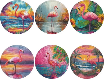 Flamingo Coasters Leather Round Drink Coasters 6 Pcs Set with Holderor for Cup Drink Coffee Table Bar Home Decor