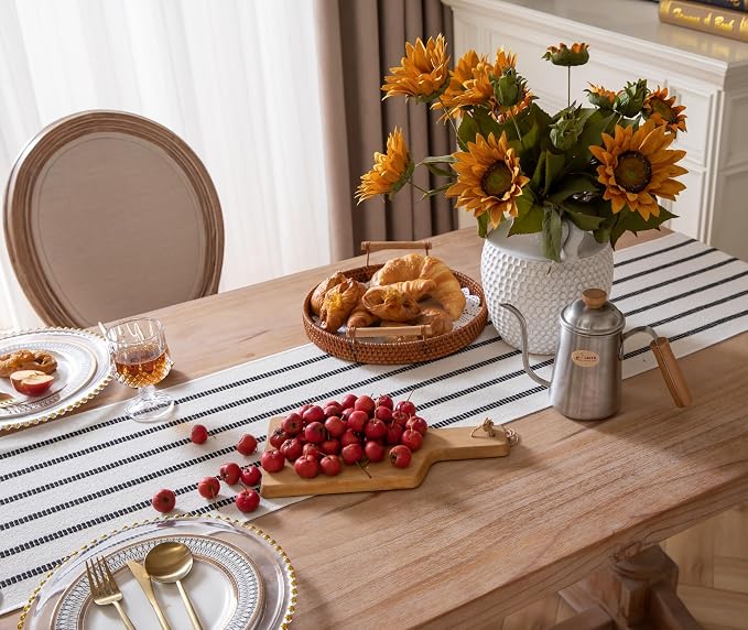 Caflife Boho Table Runner 60 Inchs Long Black and Beige, Cotton and Linen Woven - Image 5