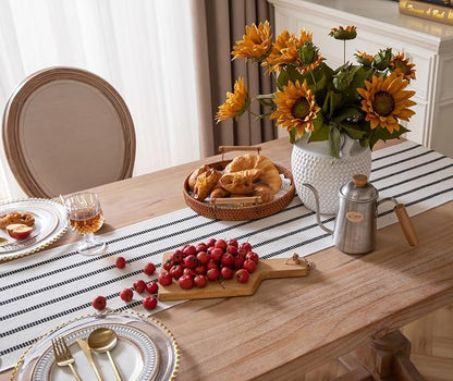 Caflife Boho Table Runner 108 Inchs Long Black and Beige, Cotton and Linen Woven - Image 5