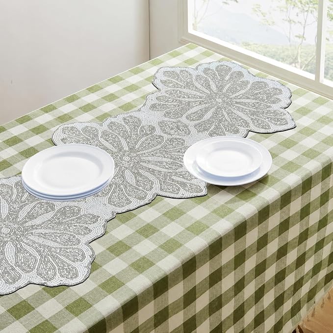 Handmade Beaded Table Runner 13x36 Inch – Silver & White Floral Beaded Runner - Image 6