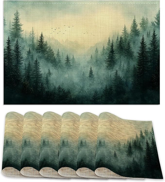 Placemats Set of 6,Misty Mountain Table Mats,Abstract Forest Washable Linen Table Mats,Non-Slip Heat Resistant Placemats for Party Kitchen Dining Indoor Outdoor 12"x18"