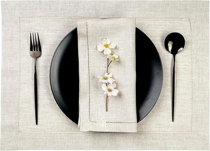 D'Moksha Homes Light Natural Linen Cloth Placemats Set of 4-100% Pure Linen Hemstitch Placemats 14 x 19 Inch - Classic Hemstitch Table Place Mats for Valentines, Easter - Machine Washable