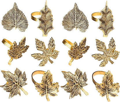 ALPHA Living HOME Rustic Napkin Rings Set of 12 - Elegant Leaf Napkin Holders for Dining Table, Wedding, Party, Holiday & Everyday Use - Handmade Decorative Table Accessories (Antique Gold)