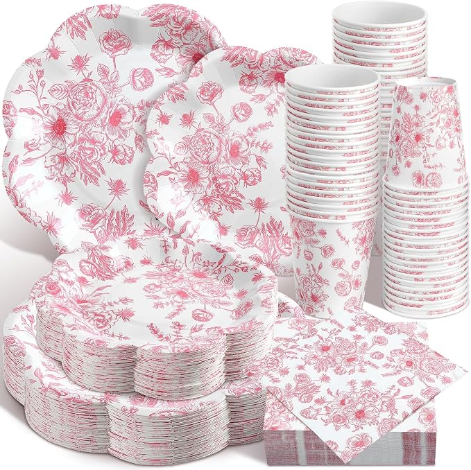 250 Pcs Pink Floral Disposable Paper Plate Napkins | Disposable Paper Set by Newtay