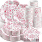 250 Pcs Pink Floral Disposable Paper Plate Napkins | Disposable Paper Set by Newtay