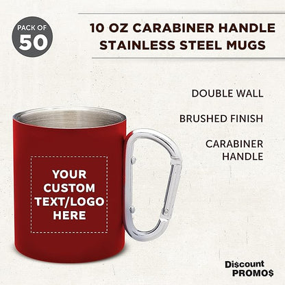 Custom Stainless Steel Mugs with Carabiner Handle 10 oz. Set of 50, Personalized Bulk Pack - Perfect for Coffee, Soda, Other Hot & Cold Beverages - Red