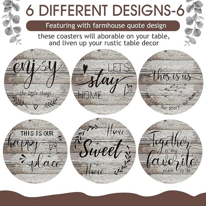 Queekay Coasters Set of 6 House Warming Gifts New Home Wooden Farmhouse Drink - Image 4