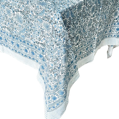 ATOSII Butterfly Blue 100% Cotton Rectangle Summer Tablecloth, Handblock Floral Print Linen Table Cloth for Kitchen Dining I Parties, Weddings, Outdoors, Decor 60 X 90 Inches, 6 Seater