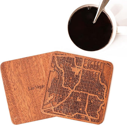 Las Vegas Map Coaster by O3 Design Studio, Set Of 4, Sapele Wooden Coaster With City Map, Handmade