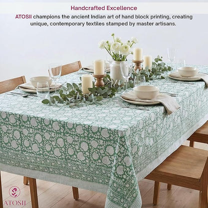 ATOSII Shalimar Green 100% Cotton Spring Summer Tablecloth, Handblock Print Rectangle Table Cover for Dining, Parties, Wedding, Outdoors, Easter Table Cloth I 72 X 140 Inches I 12 Seater