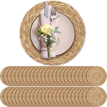 Aneco 48 Pack 13.8-Inch Round Woven Placemats Natural Hand-Woven Boho Rattan Wicker Bulrush Placemat Farmhouse Rustic Braided Table Mats for Dining & Kitchen Decor