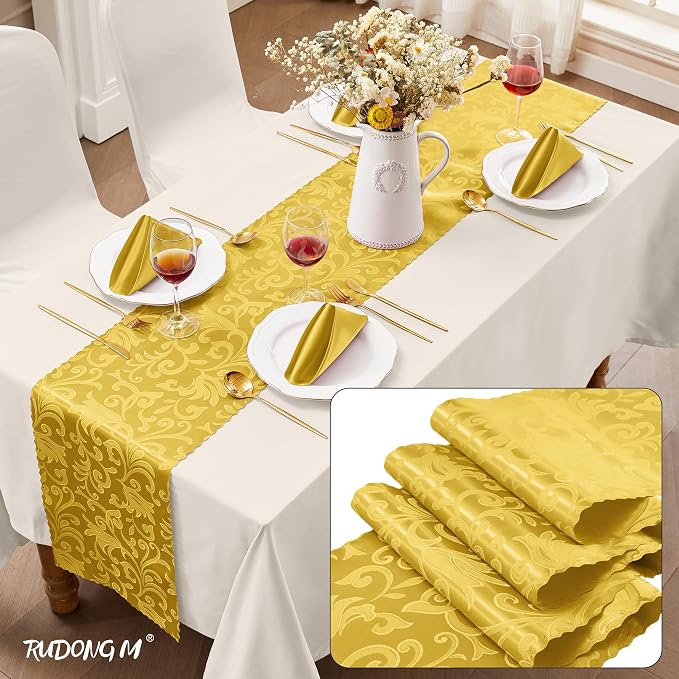 RUDONG M Gold Satin Table Runners, 12 x 108 Inch, 2 Pack | Long Silky Damask - Image 2