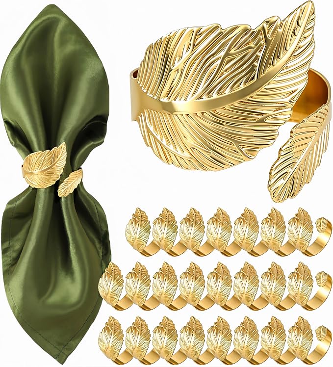 Napkin Rings Set of 24, Shiny Gold Napkin Rings, Easy Care, Solid Metal Laurel by Monkkino