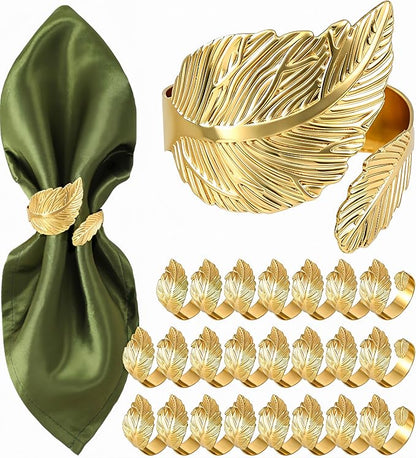 Napkin Rings Set of 24, Shiny Gold Napkin Rings, Easy Care, Solid Metal Laurel by Monkkino