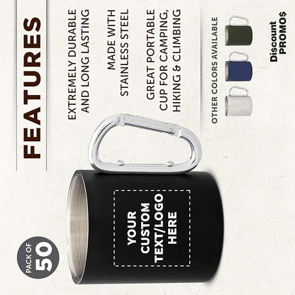 Custom Stainless Steel Mugs with Carabiner Handle 10 oz. Set of 50, Personalized Bulk Pack - Perfect for Coffee, Soda, Other Hot & Cold Beverages - Black