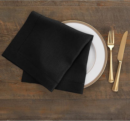 Solino Home Black Linen Napkins Set of 6-100% Pure Linen Hemstitch Dinner Napkins 20 x 20 Inch for Winter, Spring, Easter - Classic Hemstitch