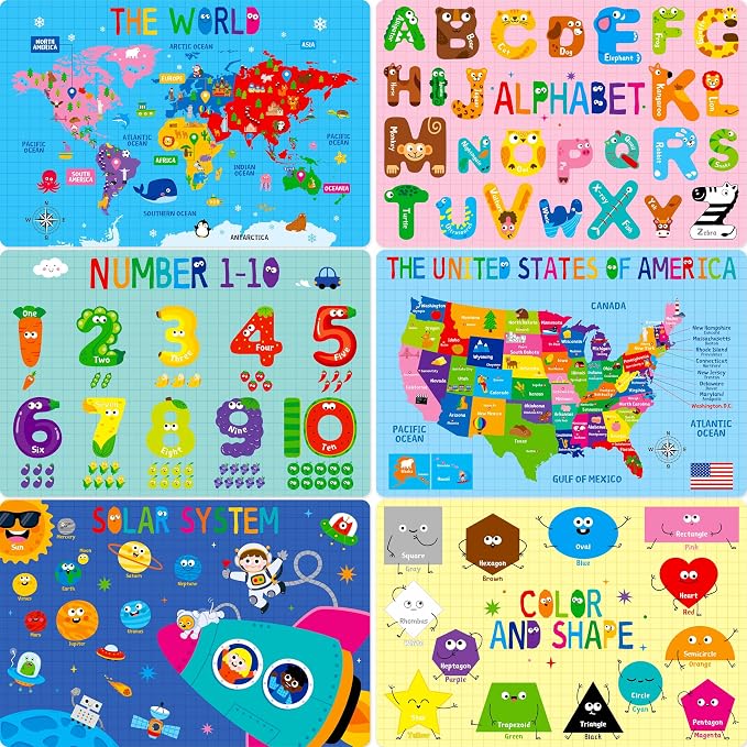 6 Pack Placemats for Kids, Non-Slip Washable, Reusable Alphabet, Shape & Color by SpriteGru