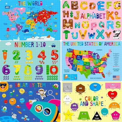 6 Pack Placemats for Kids, Non-Slip Washable, Reusable Alphabet, Shape & Color by SpriteGru