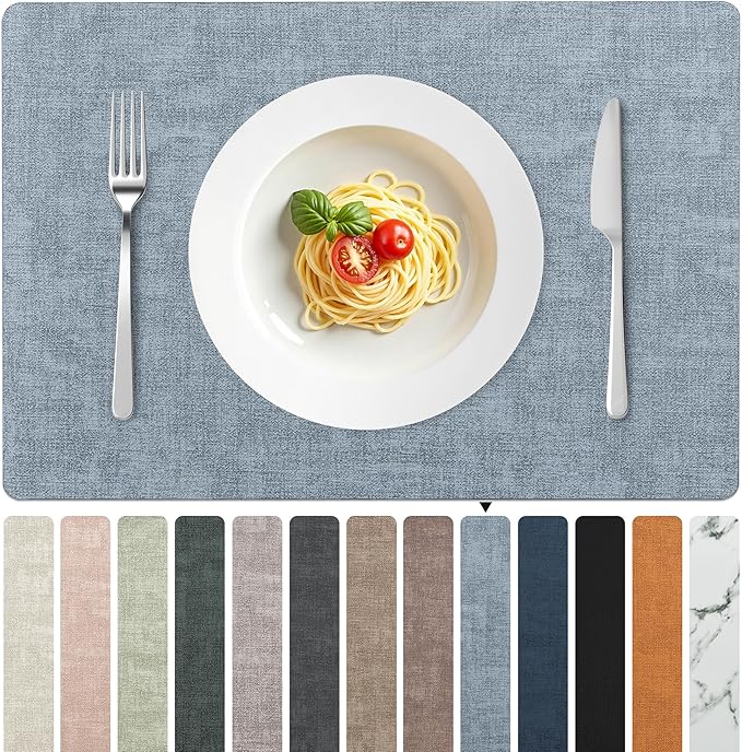 FROMHEART Faux Leather Placemats Set of 12–Waterproof,Heat/Oil Stain-Resistant PU Table Mat–Reversible,Non-Slip,Easy to Clean Place Mats for Kitchen,Dining,Indoor/Outdoor,(Light Blue,11.8" x 17")