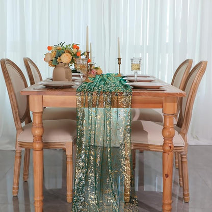 Snowkingdom Green Gold Gauze Table Runner 10FT 120 Inch Long, Glitter Sheer - Image 5