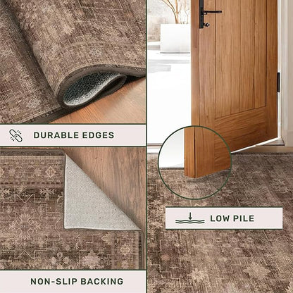 Brown Washable Long Runners for Hallways, 2'6"x8' Wide Kitchen Runner Rug, Entryway Indoor Rug, Non Slip Rubber Backing Boho Vintage Dark Floor Decor