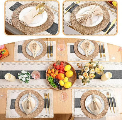 6 Sets Boho Decoration Placemats Round Woven Placemats, Cloth Napkins, Wood - Image 6
