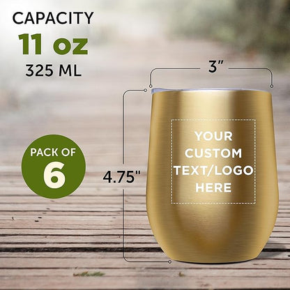 Custom Stemless Wine Glass Tumblers with Lids by Largo 11 oz. Set of 6, Personalized Bulk Pack - Perfect for Wine, Cocktails, Other Hot & Cold Beverages - Gold