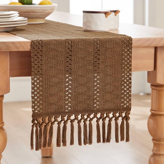 Macrame Style Boho Table Runner, 12x48 Inch Caramel | Woven Boho Table Runner - Image 7