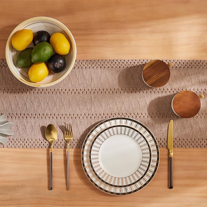 Macrame Style Boho Table Runner, 12x48 Inch Taupe | Woven Boho Table Runner - Image 4