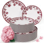 Trendables Disposable Plates For Party Supplies | Burgundy Floral Plastic Plates For Wedding 80 Pcs - 40 X 8 & 40 X 10 Dinner Plate Sets | Floral Plate Set Disposable Plastic Dinnerware Sets