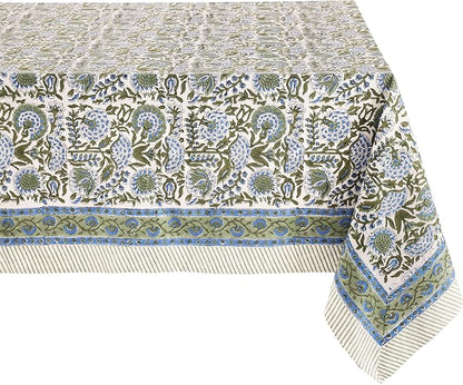 ATOSII Clover Blue 100% Cotton Rectangle Fall Tablecloth, Handblock Floral Linen Table Cloth for Kitchen Dining Table I Parties Christmas Thanksgiving I Fall Home Decor 60 X 108 Inches I 8 Seater